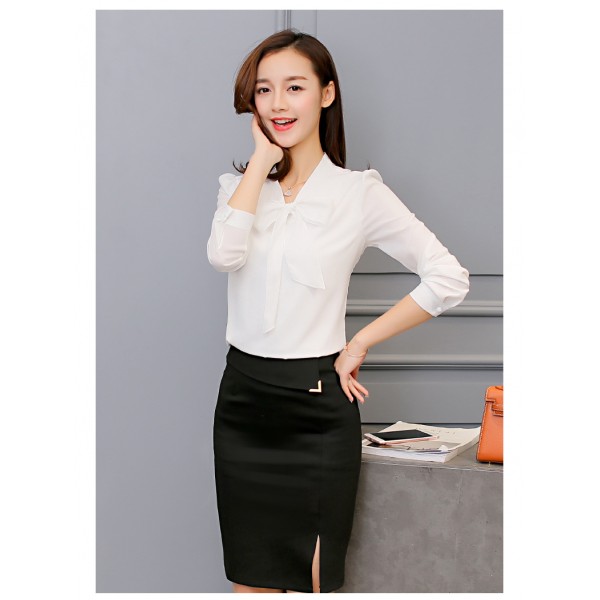 New Spring Summer Blouse Women Long Sleeve Shirts Fashion Leisure Chiffon Shirt Bow Office Ladies Pink White Tops