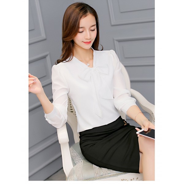 New Spring Summer Blouse Women Long Sleeve Shirts Fashion Leisure Chiffon Shirt Bow Office Ladies Pink White Tops