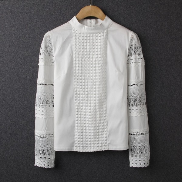 New Women Blouses Slim Bottoming Long-sleeved White Shirt Lace Hook Flower Hollow