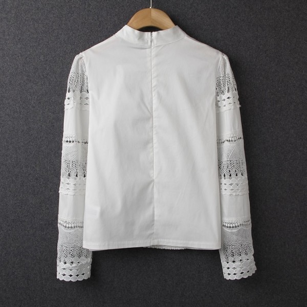 New Women Blouses Slim Bottoming Long-sleeved White Shirt Lace Hook Flower Hollow