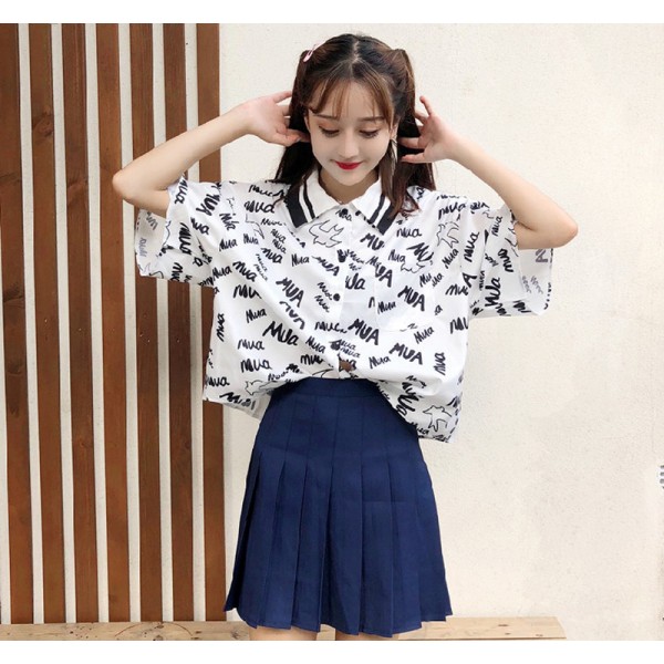 Letter Print Women Blouse Short Sleeve Women Shirts Casual Turn Down Collar Blouse Female