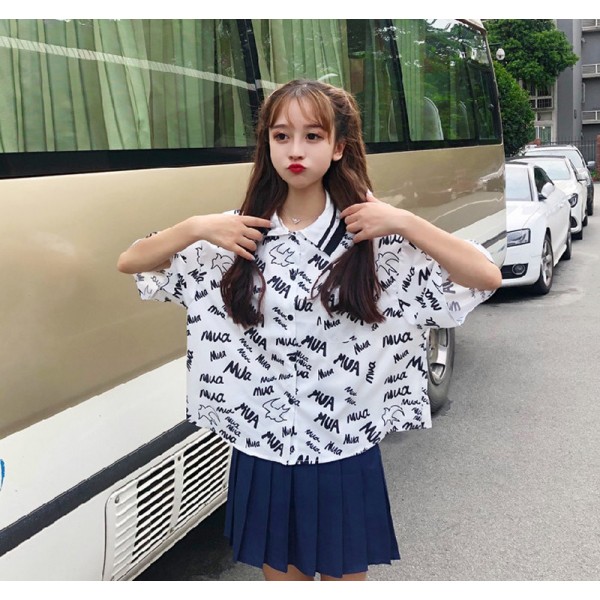 Letter Print Women Blouse Short Sleeve Women Shirts Casual Turn Down Collar Blouse Female