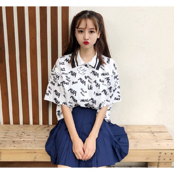 Letter Print Women Blouse Short Sleeve Women Shirts Casual Turn Down Collar Blouse Female