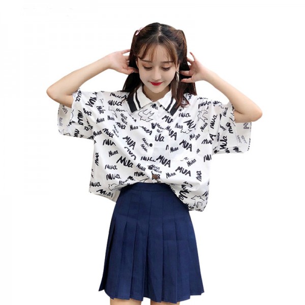 Letter Print Women Blouse Short Sleeve W...