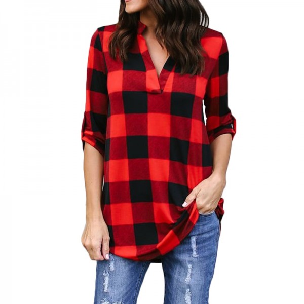 Plaid Loose Shirt V Neck Long Sleeve Roll-up Oversize Long Blouse Casual Top Plaid Loose Shirt V Neck Long Sleeve Roll-up Oversize Long Blouse Casual Top