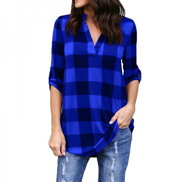 Plaid Loose Shirt V Neck Long Sleeve Roll-up Oversize Long Blouse Casual Top Plaid Loose Shirt V Neck Long Sleeve Roll-up Oversize Long Blouse Casual Top