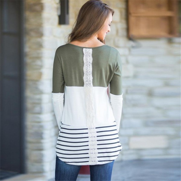 Womens Tops and Blouses 2018 Fashion Back Lace Blouse Striped Long Sleeve Blouse Tunic Shirt Jumper