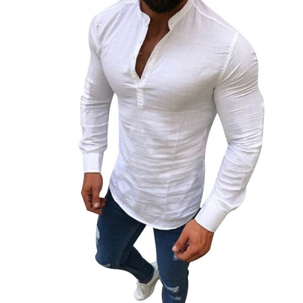 Linen T-Shirts Men Fashion Long Sleeve Stand Collar Button Tee Shirts Men Slim Tee Top Male Streetwear