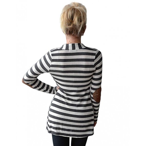 Women's Black White Elbow Patch Shawl Collar Summer Striped Open Front Cardigan Sweaters Coat Outwear