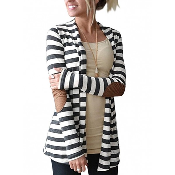 Women's Black White Elbow Patch Shawl Collar Summer Striped Open Front Cardigan Sweaters Coat Outwear