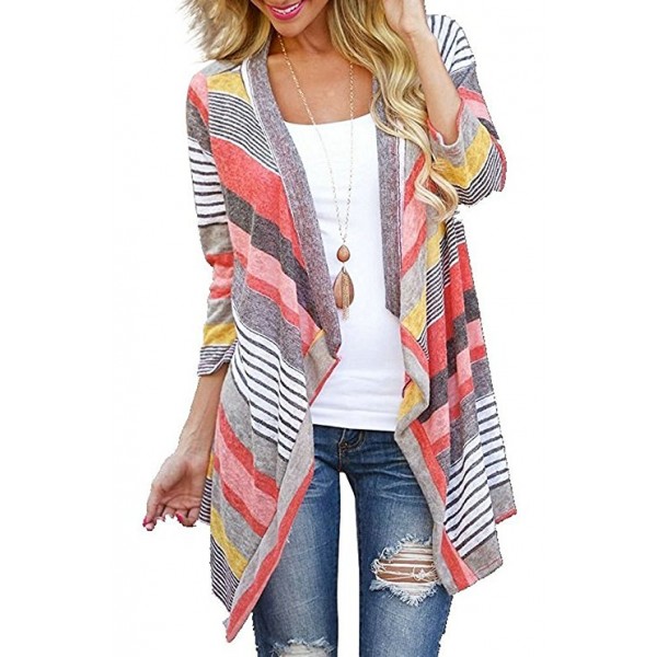 Women's 3/4 Sleeve Cardigans Striped Printed Open Front Draped Kimono Loose Cardigan