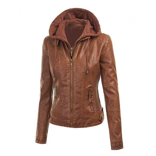 Womens Hooded Faux leather Jacket