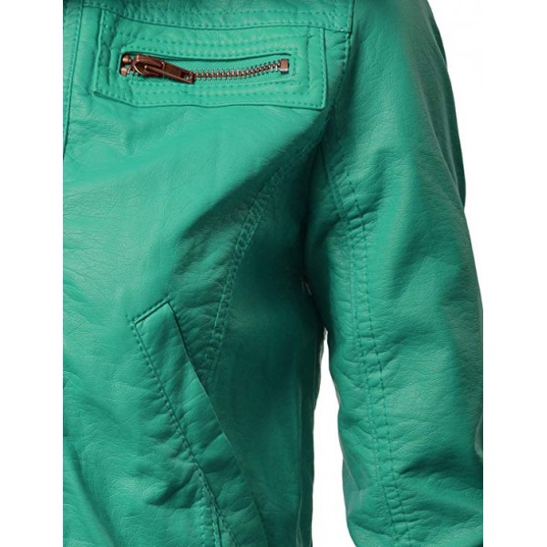 Womens Edgy Faux Leather Zip Up Bomber Jacket with Front Pockets